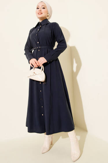 Düğmeli Tensel İnce Kemerli Elbise Lacivert - Elbise