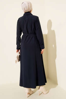 Düğmeli Tensel İnce Kemerli Elbise Lacivert - Elbise