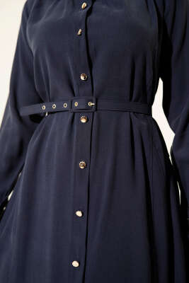 Düğmeli Tensel İnce Kemerli Elbise Lacivert - Elbise