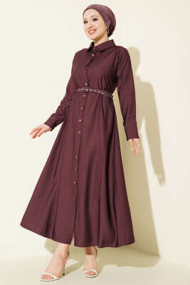 Düğmeli Tensel İnce Kemerli Elbise Mürdüm 