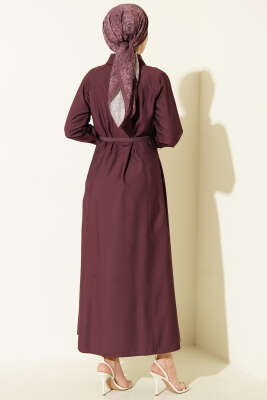 Düğmeli Tensel İnce Kemerli Elbise Mürdüm - Elbise