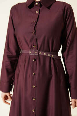 Düğmeli Tensel İnce Kemerli Elbise Mürdüm - Elbise