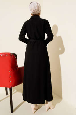 Düğmeli Tensel İnce Kemerli Elbise Siyah - Elbise