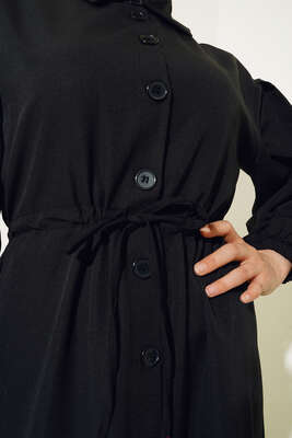 Düğmeli Terikoton Elbise Siyah - Thumbnail