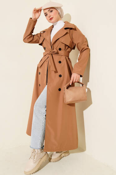 Düğmeli Trençkot Camel - Trençkot