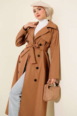 Düğmeli Trençkot Camel - Trençkot