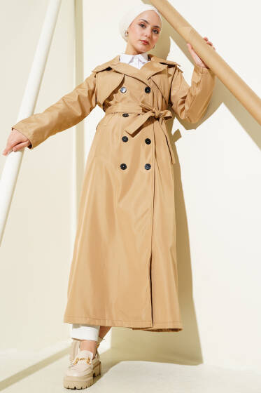 Düğmeli Trençkot Latte - Trençkot