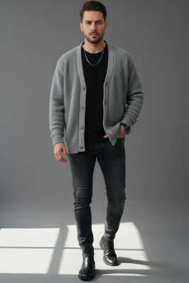 Düğmeli Triko Örme Erkek Hırka Gri - Erkek Hırka