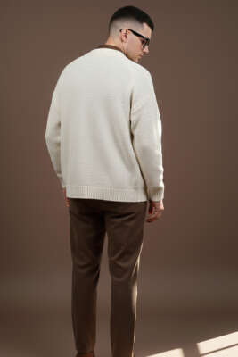 Düğmeli Triko Örme Erkek Hırka Krem - Erkek Hırka