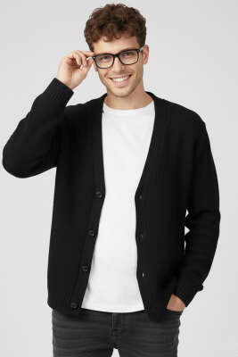 Düğmeli Triko Örme Erkek Hırka Siyah - EKSİ BİR