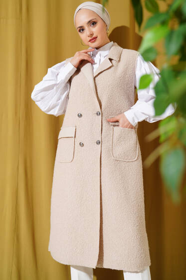 Düğmeli Uzun Buklet Yelek Bej - Yelek