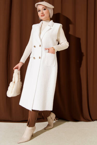 Düğmeli Uzun Buklet Yelek Beyaz - Yelek