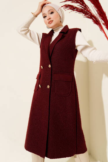Düğmeli Uzun Buklet Yelek Bordo - Yelek
