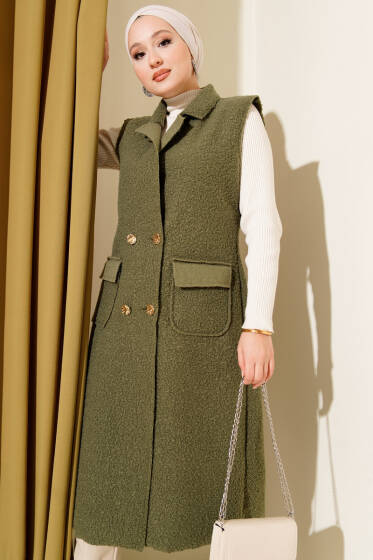 Düğmeli Uzun Buklet Yelek Haki - Yelek