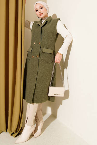 Düğmeli Uzun Buklet Yelek Haki - Yelek