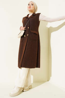 Düğmeli Uzun Buklet Yelek Kahve - Yelek