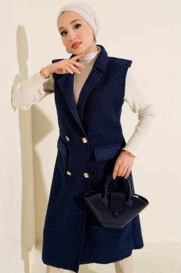 Düğmeli Uzun Buklet Yelek Lacivert - Yelek