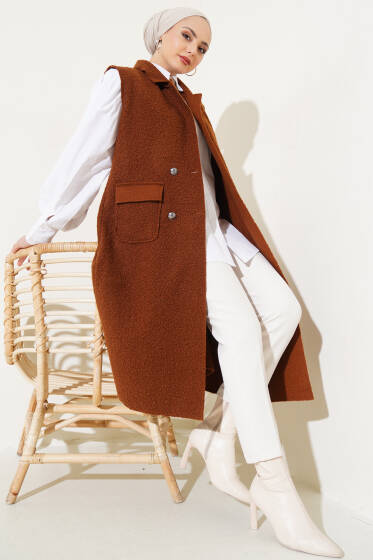 Düğmeli Uzun Buklet Yelek Taba - Yelek