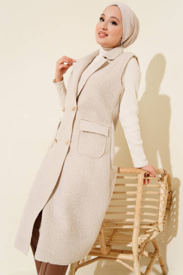 Düğmeli Uzun Buklet Yelek Taş - Yelek