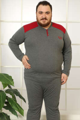 Düğmeli Uzun Kol Büyük Beden Erkek Pijama Takım Füme Bordo - Kadın Pijama Takımı