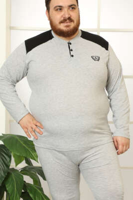 Düğmeli Uzun Kol Büyük Beden Erkek Pijama Takım Gri - ERKEK PİJAMA