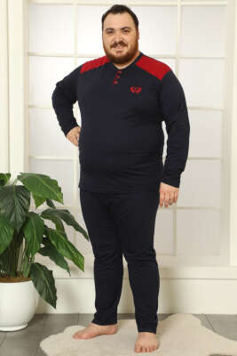 Düğmeli Uzun Kol Büyük Beden Erkek Pijama Takım Lacivert Yeşil - IŞILAY