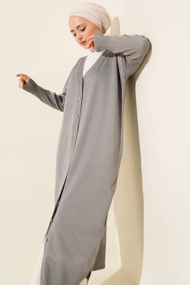 Düğmeli Uzun Merserize Hırka Gri - Hırka
