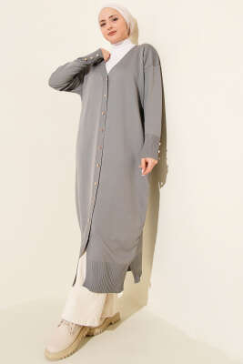 Düğmeli Uzun Merserize Hırka Gri - Hırka