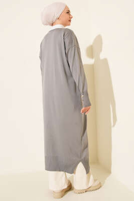 Düğmeli Uzun Merserize Hırka Gri - Hırka
