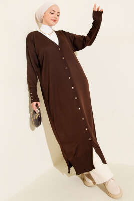 Düğmeli Uzun Merserize Hırka Kahve - NOVALÜX