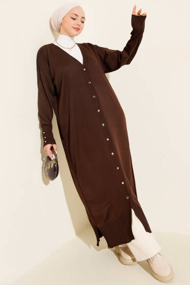 Düğmeli Uzun Merserize Hırka Kahve - Hırka