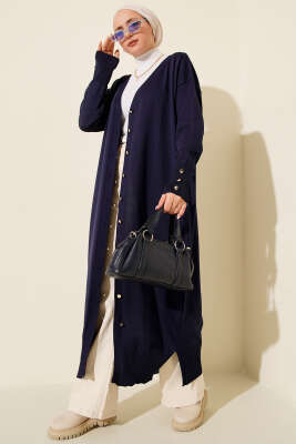 Düğmeli Uzun Merserize Hırka Lacivert - NOVALÜX