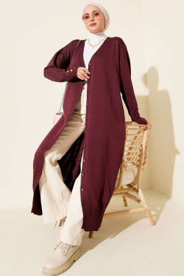 Düğmeli Uzun Merserize Hırka Mürdüm - NOVALÜX