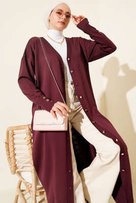 Düğmeli Uzun Merserize Hırka Mürdüm - Hırka