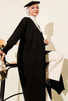 Düğmeli Uzun Merserize Hırka Siyah - NOVALÜX