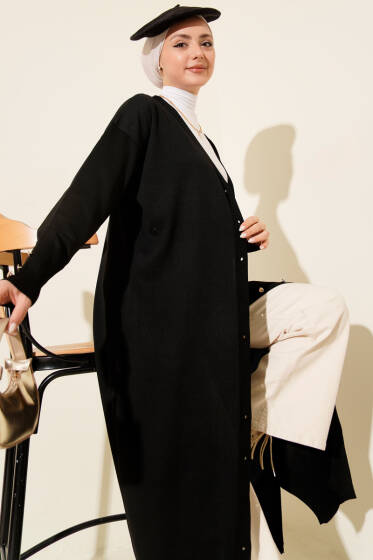 Düğmeli Uzun Merserize Hırka Siyah - Hırka