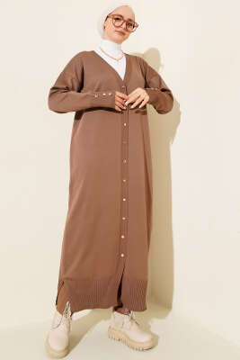 Düğmeli Uzun Merserize Hırka Vizon - NOVALÜX