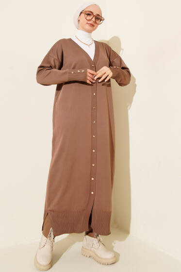 Düğmeli Uzun Merserize Hırka Vizon - Hırka