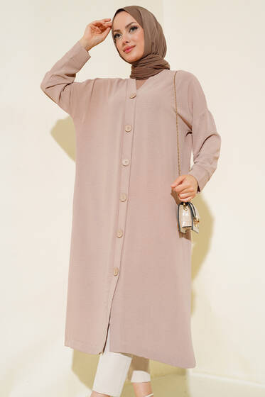 Düğmeli Uzun Salaş Hırka Bej - Hırka