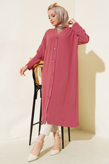 Düğmeli Uzun Salaş Hırka Gül Kurusu - Hırka