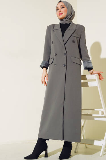 Düğmeli Uzun Trençkot Gri - Trençkot