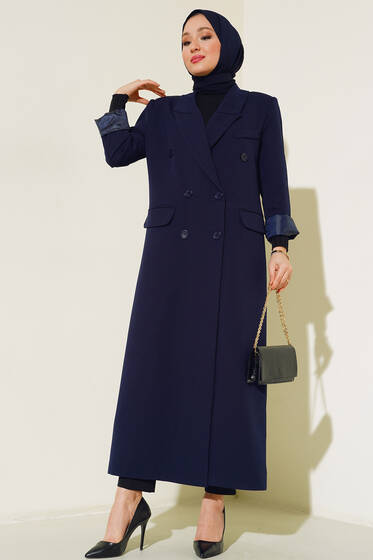 Düğmeli Uzun Trençkot Lacivert - Trençkot