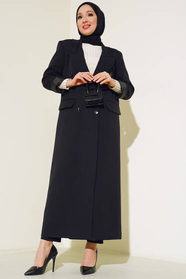 Düğmeli Uzun Trençkot Siyah - Trençkot