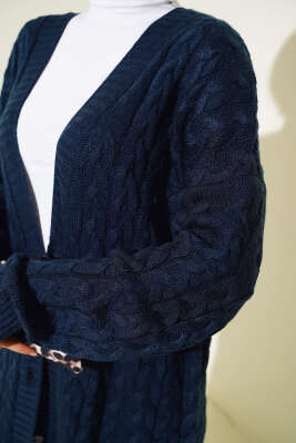 Düğmeli Uzun Triko Hırka Lacivert - Triko Hırka