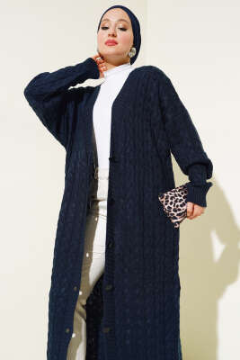 Düğmeli Uzun Triko Hırka Lacivert - Triko Hırka