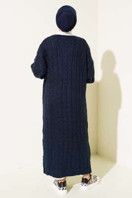 Düğmeli Uzun Triko Hırka Lacivert - Triko Hırka