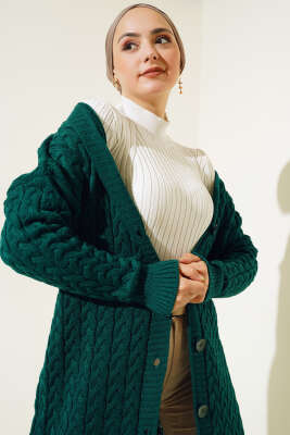 Düğmeli Uzun Triko Hırka Nefti - Triko Hırka