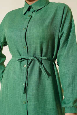 Düğmeli Uzun Tunikli Keten İkili Takım Yeşil - Thumbnail
