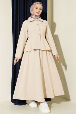 Düğmeli Volan Bluzlu Etekli İkili Takım Bej - TEGOE