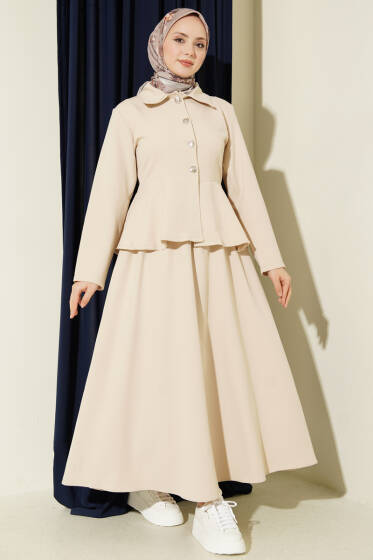Düğmeli Volan Bluzlu Etekli İkili Takım Bej - İkili Takım